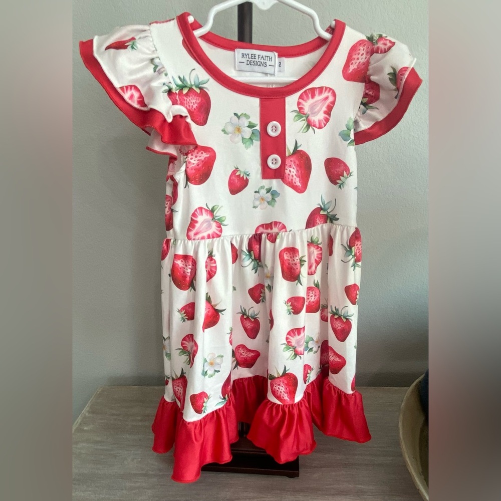 Rylee Faith Designs Ruffle Sleeve& Hem Strawberry Fruit Print Dress 2T